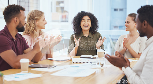 Image of Success, applause and team celebration in office for startup business meeting and announcement. Congratulations, clapping hands and victory, support for winner teamwork, achievement and collaboration