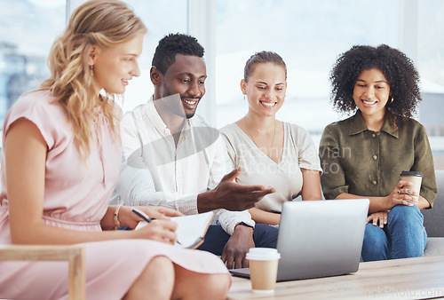 Image of Diversity, business people and team on laptop in collaboration for strategy, ideas and planning at the office. Group of creative designers working on computer in teamwork for success at a workplace