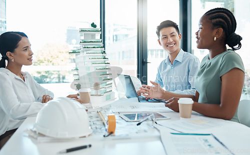 Image of Construction, planning and architects meeting about design of building, strategy and working in industrial collaboration. Architecture workers talking about maintenance project with paper and a model