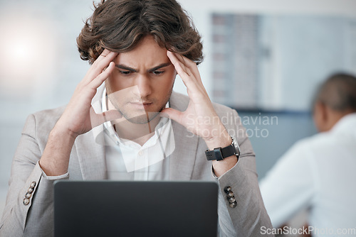 Image of Young man, anxious and stressed with laptop for meeting, business and startup company planning. Computer, entrepreneur and male thinking, focused and confused for new project and job interview.