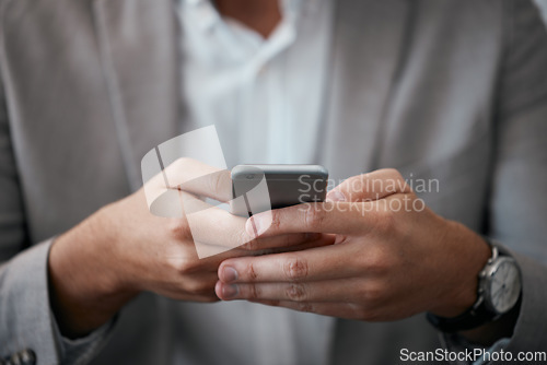 Image of Businessman, hands or phone typing for schedule, calendar or stock market trading management. Zoom, finance worker or mobile networking technology in budget planning, crypto investment or fintech app