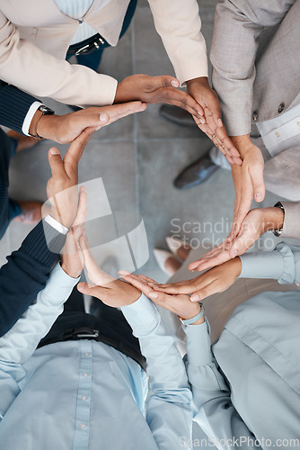 Image of Teamwork, workflow and business hands sign for collaboration, motivation and group support. Corporate people in community circle for team building commitment, partnership trust and staff cooperation