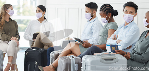Image of Face mask, covid or business people in airport terminal travel in safety healthcare law. Vacation, luggage or tourist in covid 19 safety in immigration, medical security or international traveling