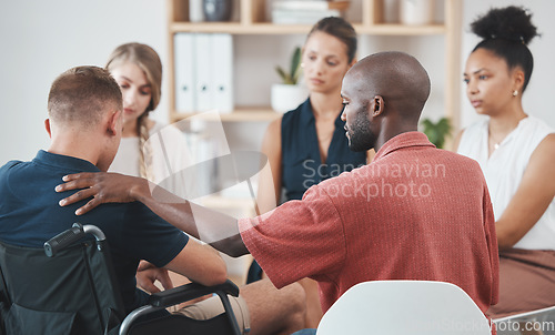 Image of Group counseling, mental health therapy and anxiety wellness conversation for problem of a disabled man. Community support, empathy and compassion for employee burnout or stress in a business office