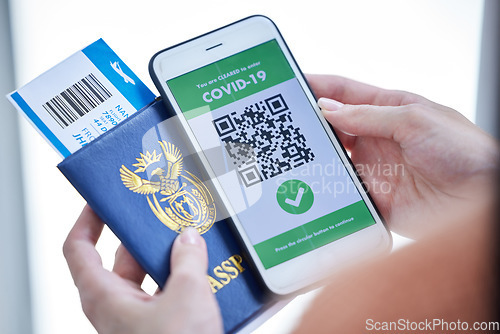 Image of Passport, travel and covid vaccine phone QR barcode of hands holding documents for immigration. Plane ticket, digital airplane pass and identity document for holiday, vacation or international trip