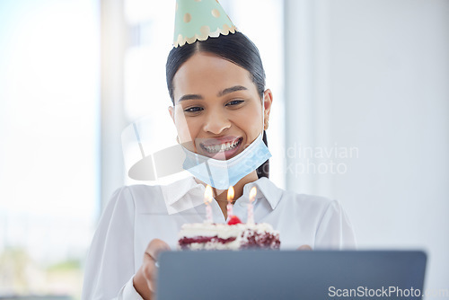 Image of Woman in covid, video call birthday party and online celebration with candles on cake for social distancing at work. Coronavirus pandemic, face mask for global health and safety office compliance