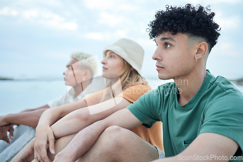 Image of Travel, friends and adventure with men and woman friend group sitting outdoor in nature for diversity, inclusion or acceptance. Gen z, lifestyle and fashion with young people bonding together outside