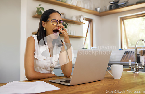 Image of Woman, tired and yawn with laptop for remote work at table in home. Girl, glasses and burnout for stress, business or work for job in marketing, advertising or seo on internet, social media or web