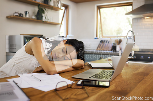 Image of Sleeping, tired and burnout business woman feeling exhausted after overtime and dreaming while suffering from sleep apnea problem and insomnia. Overworked, sleepy and lazy female lying head at home