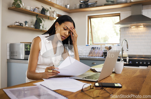 Image of Stress, burnout or woman with work headache in kitchen from house mortgage, tax or paper audit error. Tired, sad and employee with mental health from job contract, compliance or budget report at home