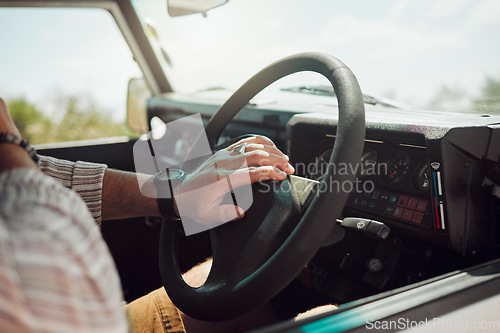 Image of Steering wheel hands press car horn in road trip, traffic jam and journey. Closeup travel man, taxi driver and motor vehicle transportation sound for attention, caution and warning for driving street