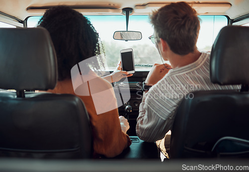 Image of Phone, road trip and couple driving with gps to summer vacation destination in the countryside. Travel, journey and interracial people with maps on smartphone for holiday, adventure or weekend plans.