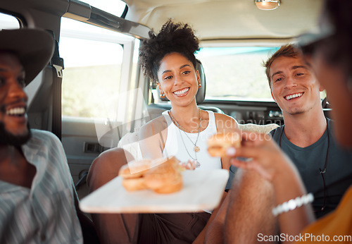 Image of Car, road trip and diversity friends with food, burger or snacks for SUV transportation journey in Australia. Van travel adventure, happy friendship or hungry relax group of people eating fast food