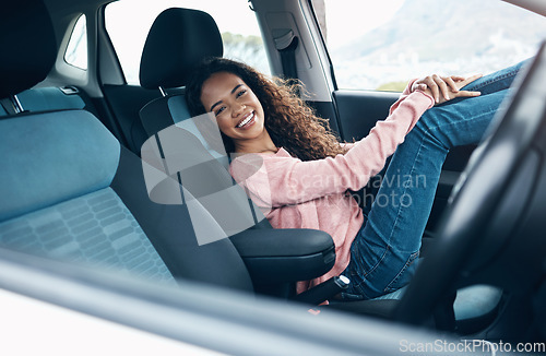 Image of Travel, car passenger and black woman relax on road trip for fun journey, peace or open road freedom. Happy, smile and portrait of gen z girl in SUV van for transportation adventure in San Francisco