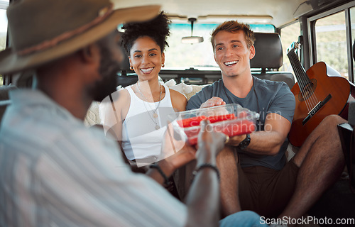 Image of Diversity, friends and on road trip share food, watermelon and in van while travel, fun vacation and enjoy holiday together in summer. Group, happy and with fruit in vehicle on journey and adventure