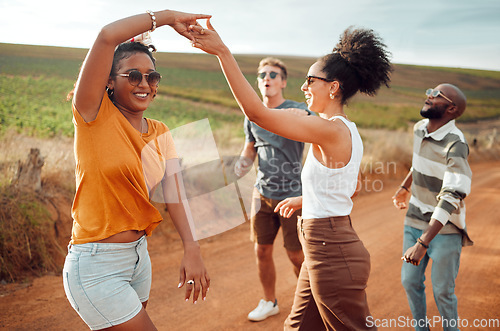 Image of Dance, singing and friends walking in nature on holiday in the countryside of Kenya together in summer. Happy, relax and dancing people being playful on a vacation in the countryside to relax