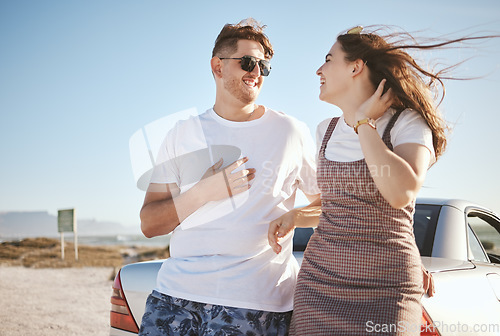 Image of Happy, couple and travel for love on road trip vacation in relationship happiness together for bonding in the outdoors. Man and woman enjoying summer holiday in romance and traveling in South Africa