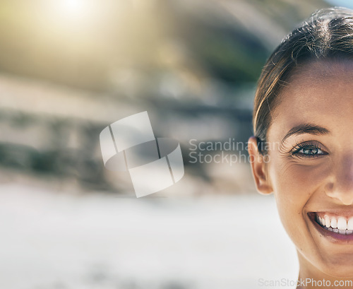 Image of Happy, woman and mockup of a person outdoor feeling happiness, freedom and positive. Portrait of a female friendly face from Spain with a smile in the summer sun with mock up space in nature