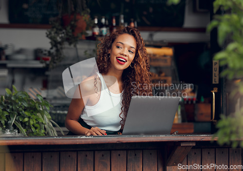 Image of Woman, laptop and ideas in coffee shop, restaurant or Brazilian cafe for remote work, blog writing or ebook planning. Smile, happy and curious student with technology, learning innovation or strategy