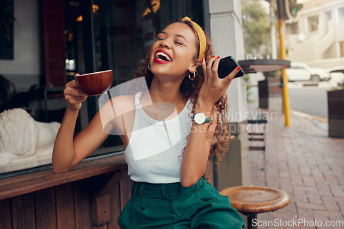 Image of Black woman in cafe, listening to audio message on 5g smartphone and laughing alone in San Francisco. Funny call recording sound, drinking tea in city street restaurant and happy in coffee shop