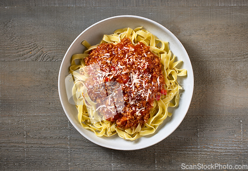 Image of bowl of pasta tagliatelle with bolognese sauce