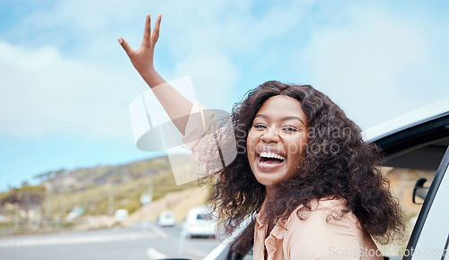 Image of Travel, road trip and excited black woman in window portrait for adventure journey, countryside lifestyle or outdoor holiday. Transportation car, happy person driving and sky cloud mockup background
