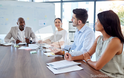 Image of Teamwork, project management and planning with business people in meeting for collaboration, consulting and future goals. Review, mentor and marketing strategy with employee in office for networking