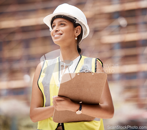 Image of Logistics, shipping and business woman check containers for import, export and supply chain for global trade. Hard hat, female and use clipboard for inventory, cargo and inspection writing notes.