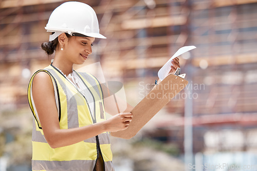 Image of Construction worker, checklist and clipboard, woman and inspection, safety check and city building planning. Engineer at work site, protection helmet and working, construction and engineering.