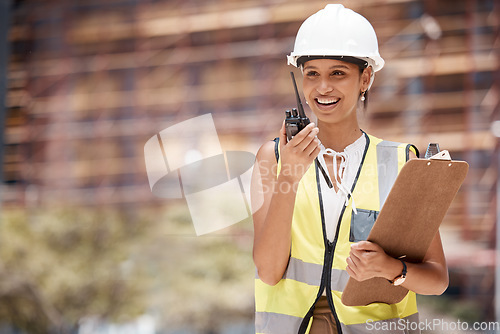 Image of checklist, radio and contractor black woman in communication via radio on construction and building project. Smile, engineer and happy maintenance manager in conversation about planning and strategy