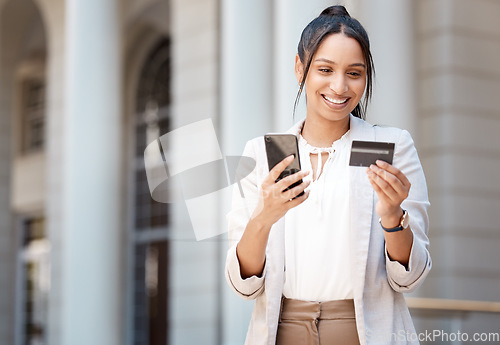 Image of Finance, payment and credit card with woman and phone in city for online shopping, ecommerce or investment app. Fintech, internet and banking with customer and mobile for digital, economy and balance