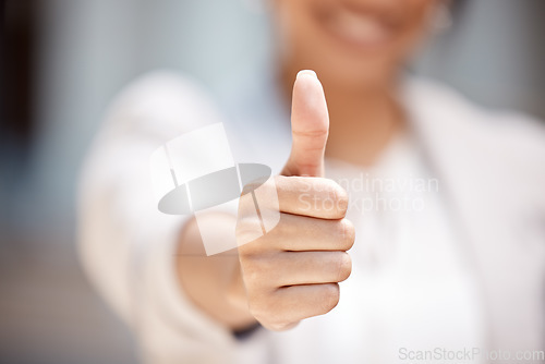 Image of Thumbs up, woman hands and support vote, motivation and trust for thank you, success and winner. Closeup finger feedback, agreement and like emoji of excited goal, praise review and yes happy service