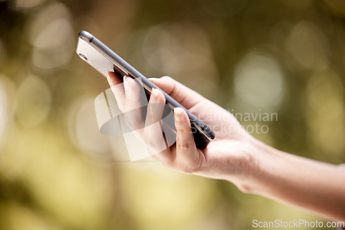 Image of Hands, bokeh and social media communication with 5g technology connection outside close up. Tech leisure entertainment person holding smartphone with networking app and internet connectivity.