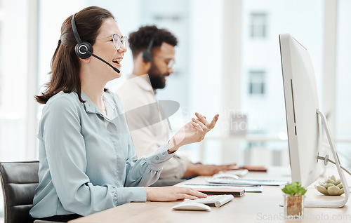 Image of Call center, contact us and woman, phone call in business for customer service or telemarketing. Desk with computer, consulting with customer, consultant or agent, communication and support.