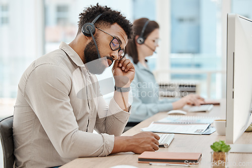 Image of Burnout, stress and call center agent man on computer in telemarketing sale, website support career fatigue. Tired, anxiety or depression of online IT business support consultant or virtual advisor
