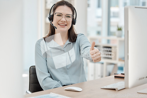 Image of Sales woman, thumbs up success and telemarketing call center, happy customer service and yes review of agent in office. Portrait of smile crm consultant, winning business trading and consulting agree