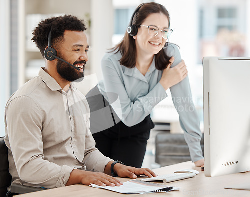 Image of Diversity, call center and leader training agent or sales employee at contact support help desk customer service. Contact us, woman and telemarketing worker with a big smile after a successful deal