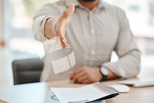 Image of Hiring, handshake and welcome due to success in an interview for a new job position after negotiation agreement. Shaking hands, cv and hr manager greeting employee or worker after resume application