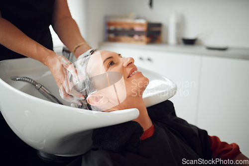 Image of Shampoo, hairdresser and happy customer at a salon cleaning, massage and washing head for luxury wellness treatment. Hands, happiness and beauty client with a smile at a grooming makeover in New York