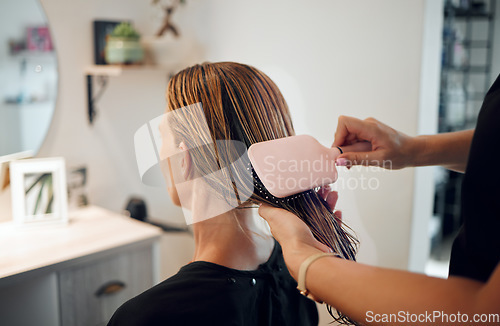 Image of Hair salon, brush and beauty barber employee working on a woman client hairstyle change. Service worker, stylist and professional haircut of a female hairstylist working on grooming customer hair
