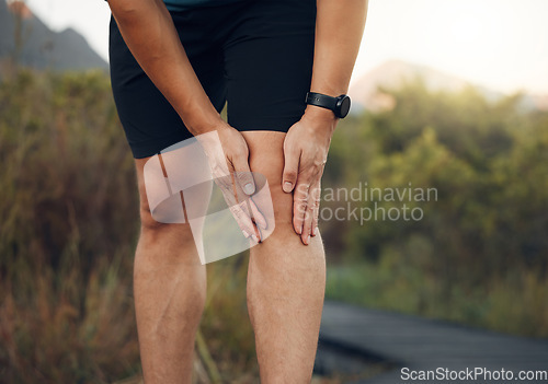 Image of Knee pain, legs and arthritis of runner man, athlete and training, workout or exercise on hiking trail outdoors. Closeup bone fracture problem, muscle injury and body health risk for sports therapy