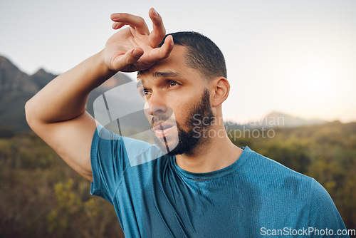 Image of Fitness, breathing and tired sweating man running outdoors with fatigue, body challenge and struggle for exercise. Male runner athlete, mental break and nature trail rest to breathe in mindset focus