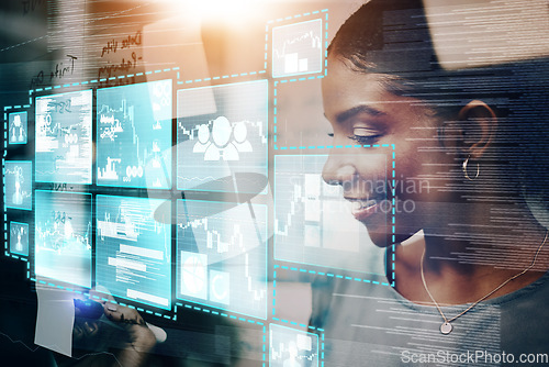 Image of Technology, future and business woman brainstorming with sticky notes on a glass screen in modern office. Vision, futuristic tech and black woman with ideas for corporate company in business meeting