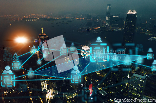 Image of Smart city, iot network and cloud computing, night drone or aerial view of buildings or skyscrapers. Overlay, infrastructure or web connection, networking icons or future big data or futuristic nodes