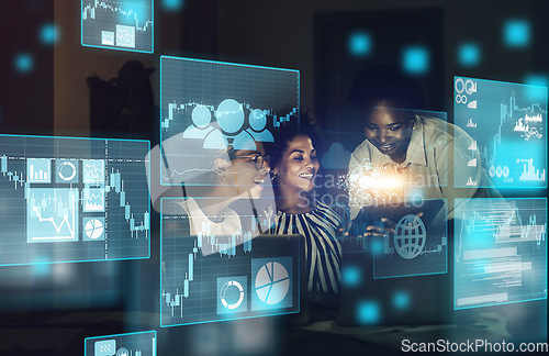 Image of Stock market, overlay and trading team on finance, blockchain and forex digital website working on a strategy. Fintech, smile and happy traders studying global financial chart data analysis at night