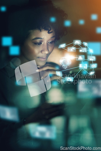 Image of Woman, futuristic hologram and UX technology with an abstract iot digital transformation network. IT girl doing big data analytics, telecommunication overlay and online crypto blockchain in an office