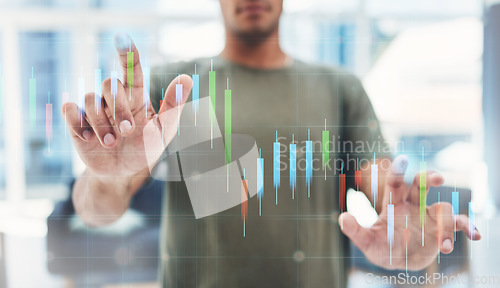 Image of Hand, 3d digital or big data computer, futuristic web graphs and digital transformation with businessman, trader or investor. Hands of website developer, crypto reading analytics and research on tech