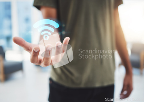 Image of Wifi hand hologram, futuristic 5g and wireless internet display to show technology innovation. Future, digital and online neon sign of a tech man worker showing metaverse, iot and big data growth