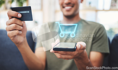 Image of Online shopping, cart hologram and credit card with phone ecommerce connection, grocery network and fintech digital marketing. Man hands, webshop payment icon and customer mobile app finance economy