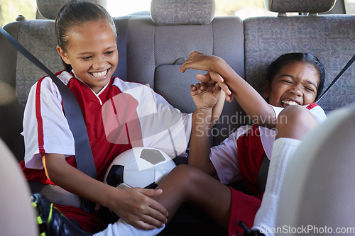 Image of Soccer, happy girls and travel in car to competition, match or game in suv or van. Comic, transport and young playful kids or children traveling in vehicle for football practice, exercise or workout.